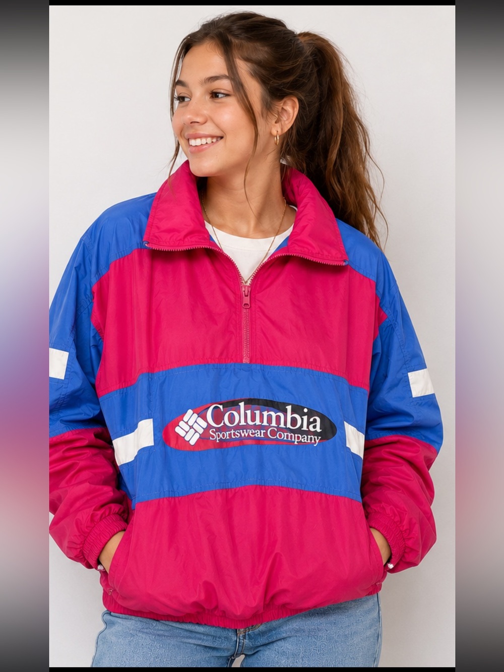 Girls Columbia Vintage Windbreaker Jacket Size 14/16 Youth Pink Blue